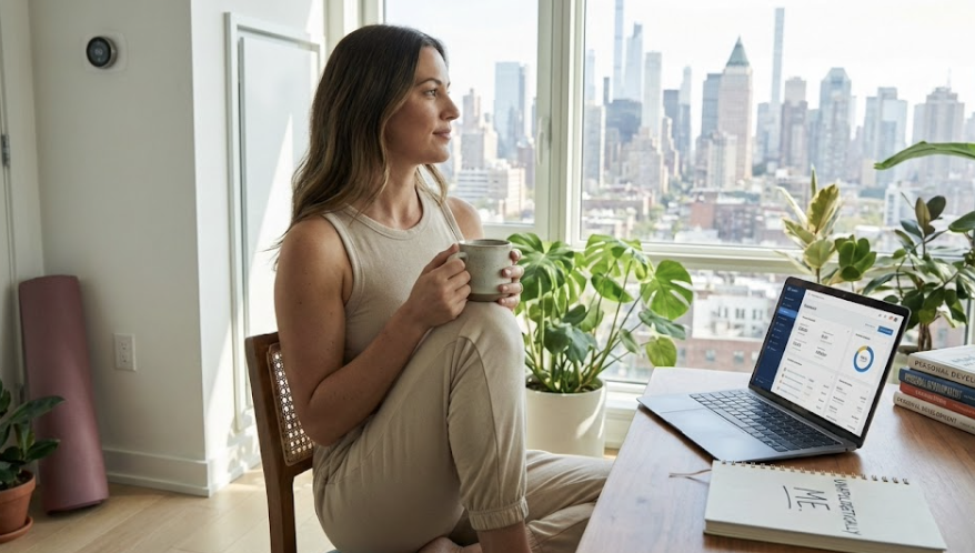 A peaceful woman sitting in a sunlit modern apartment overlooking a city skyline, reviewing her finances and journaling, representing the 2026 single life trend of emotional autonomy and the "Unapologetically Me" lifestyle.