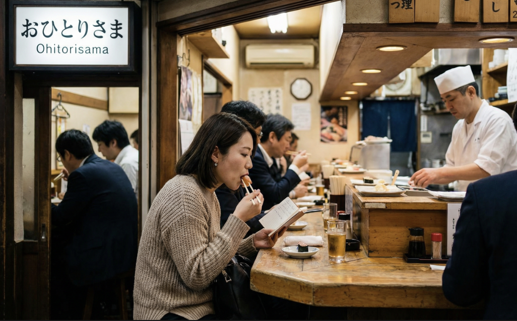 Person enjoying a solo meal in a Japanese restaurant, representing the Ohitorisama philosophy of living happily and confidently alone