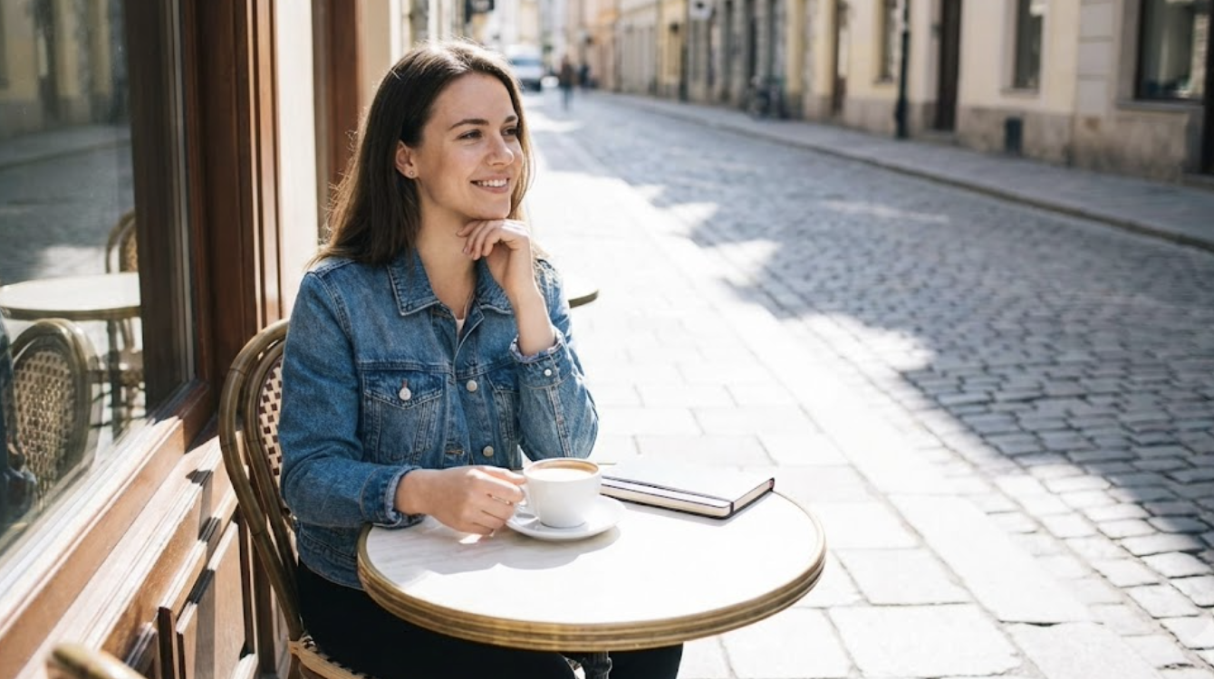 Woman enjoying a solo coffee at an outdoor café, representing choosing self-love, independence, and unapologetic single life during the holiday season.