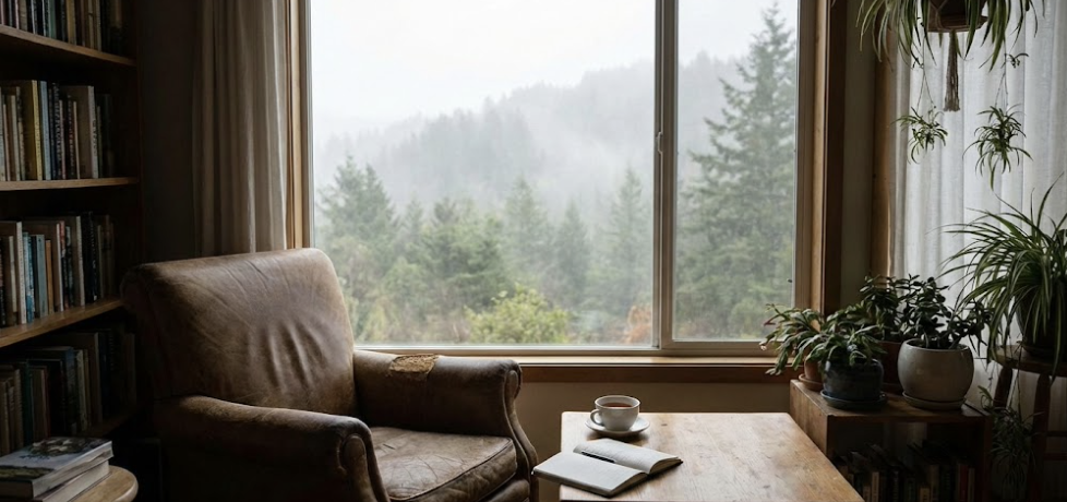 A quiet reading chair by a window overlooking a misty forest, symbolizing the art of being alone