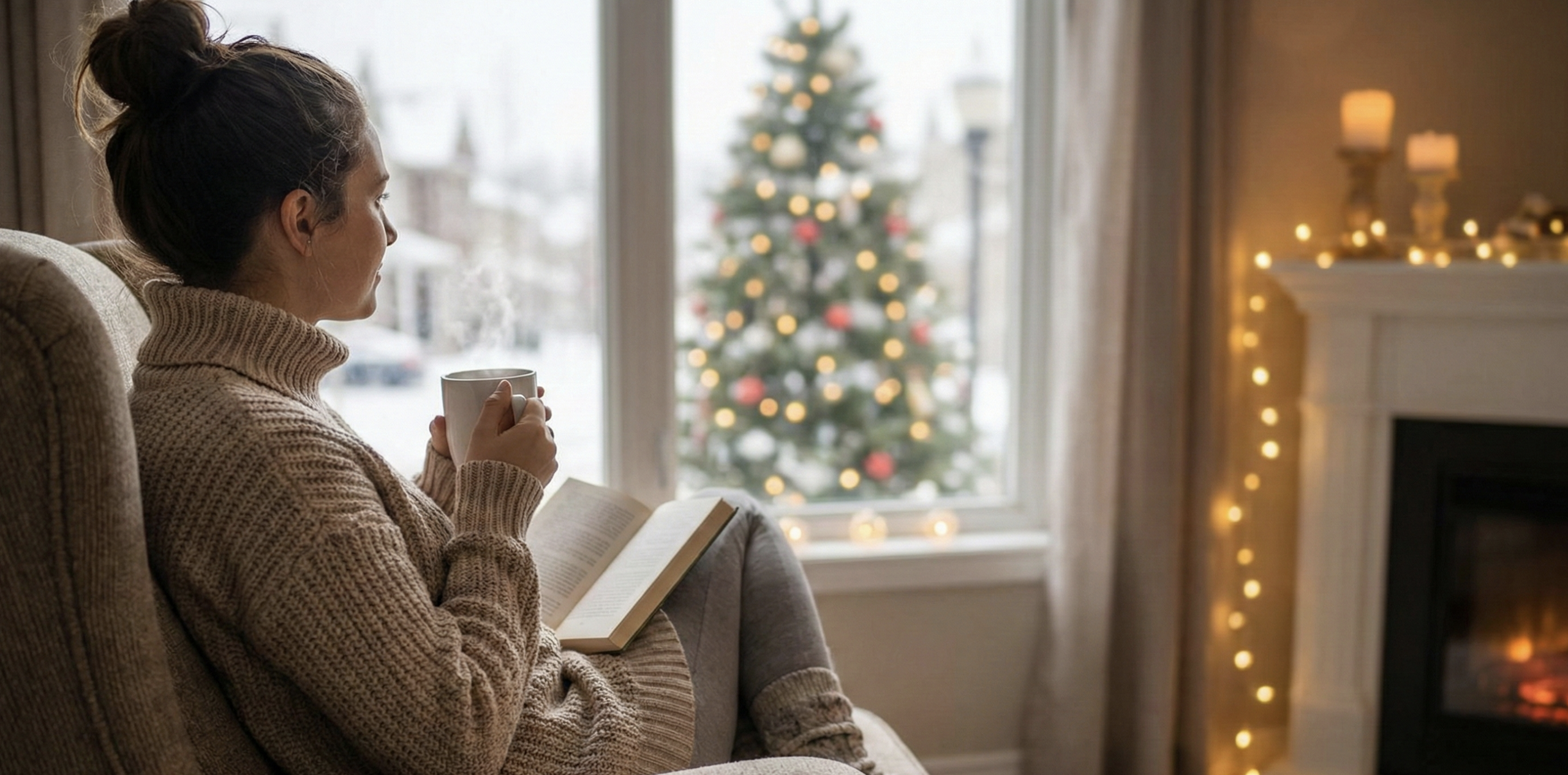 Woman enjoying a quiet solo Christmas at home with a warm drink and a notebook.