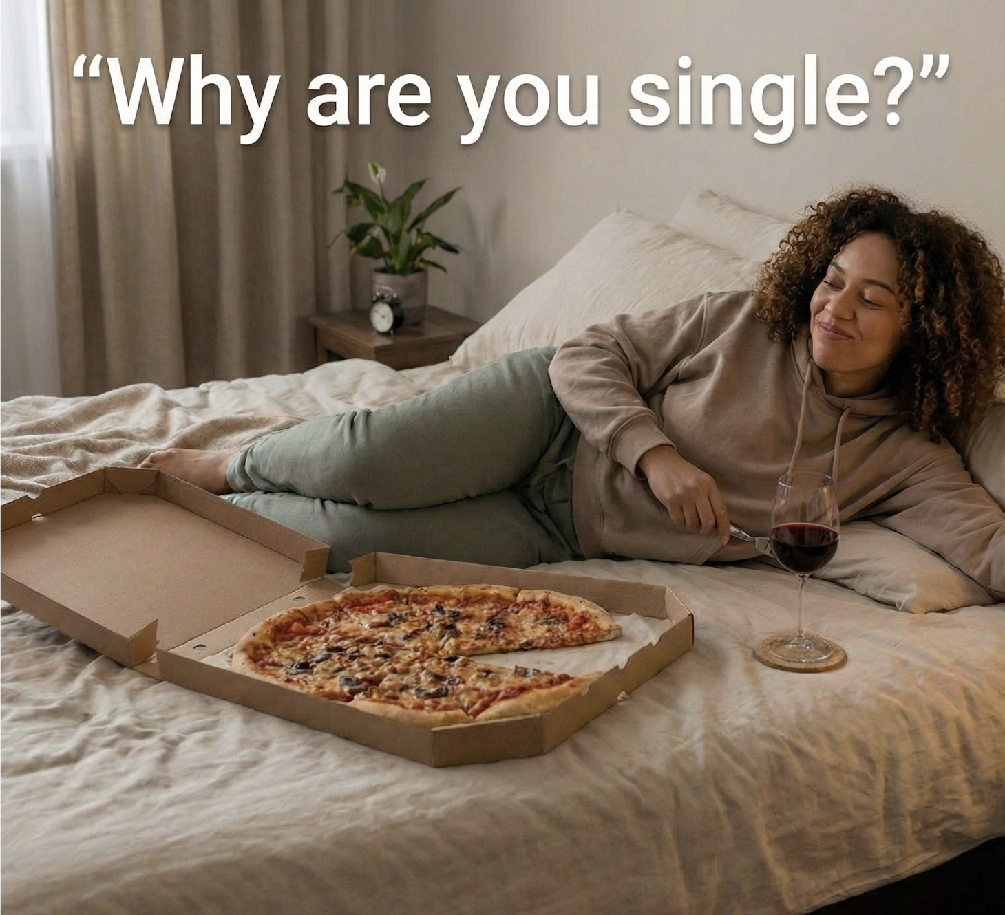 Being single meme showing a woman relaxing in bed with pizza and wine, enjoying peace and comfort alone.