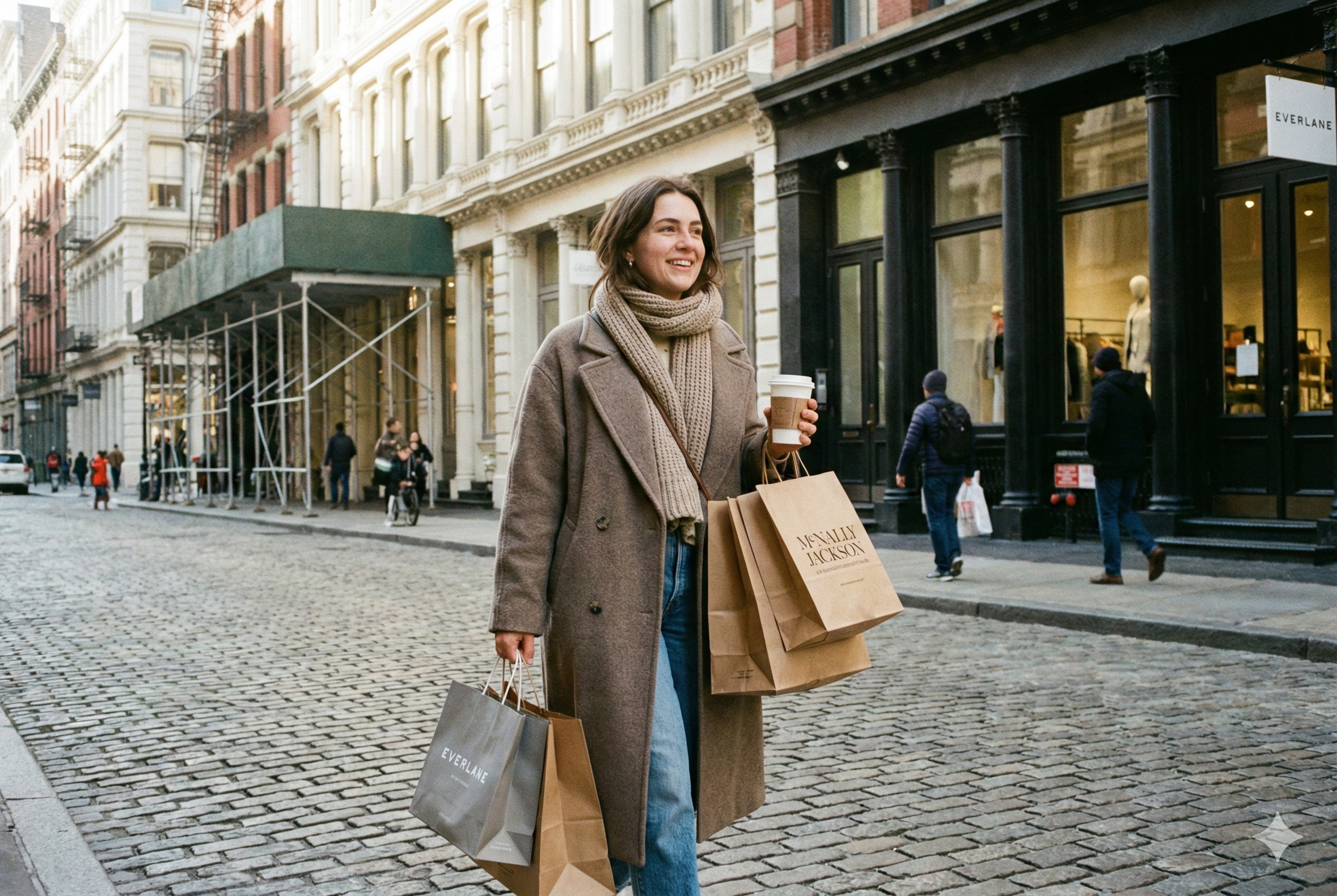Illustrative image of a single shopper carrying retail bags in an urban shopping district