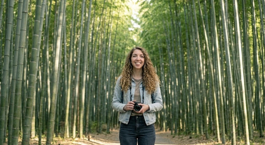 Solo traveler standing in Kyoto’s Arashiyama bamboo forest holding a camera