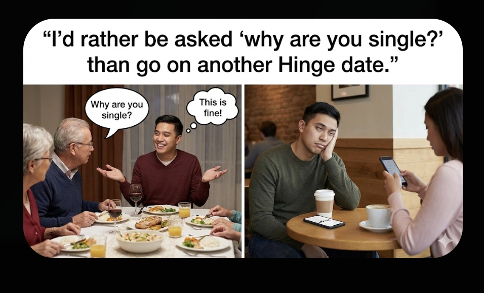 Single meme comparing being asked “why are you single” at dinner versus the exhaustion of another Hinge date.