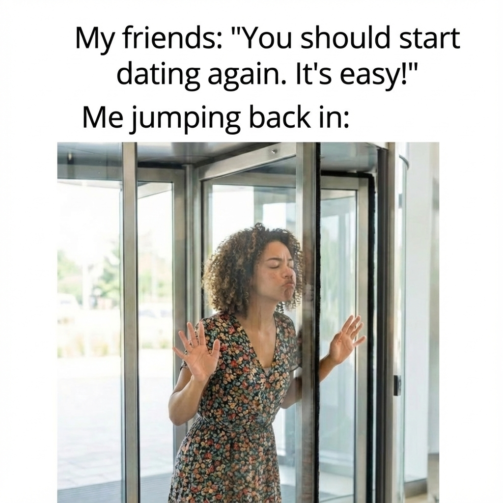 Being single meme showing a woman stuck in a revolving door, humorously representing how hard it feels to start dating again.
