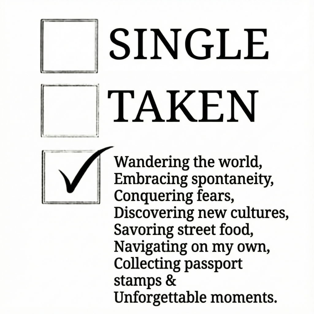 Being single meme showing a checklist with single and taken unchecked, highlighting choosing independence, travel, and personal growth.