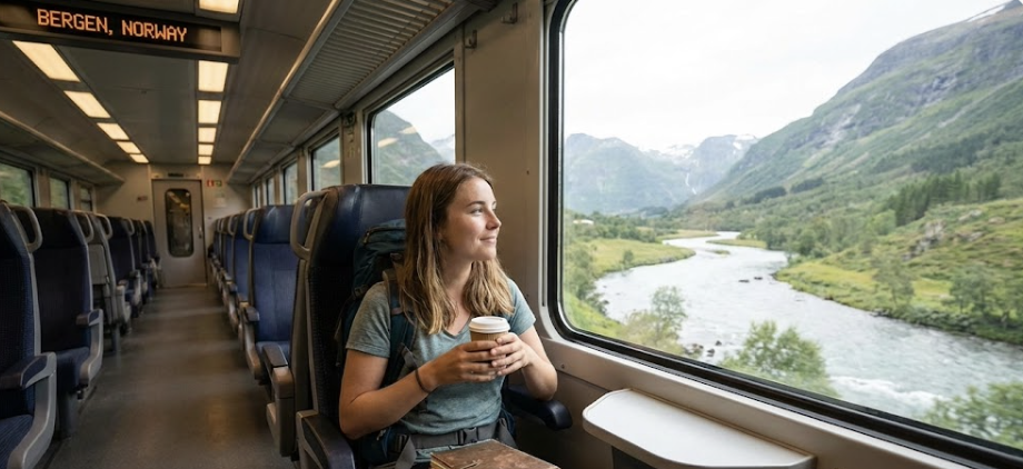 Woman choosing joy while traveling solo on a scenic train through Norway