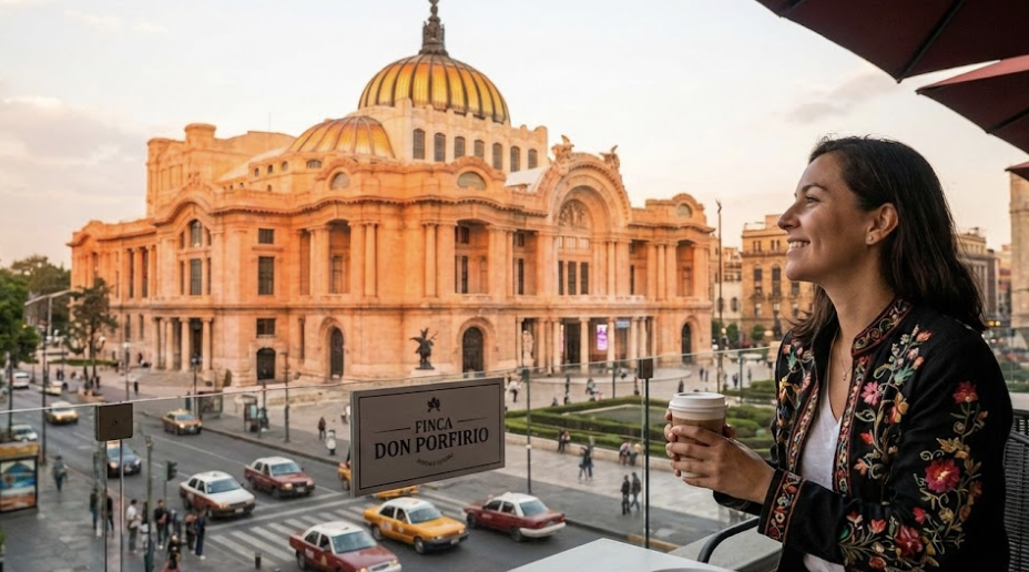 Solo female traveler overlooking Palacio de Bellas Artes in Mexico City at sunset.