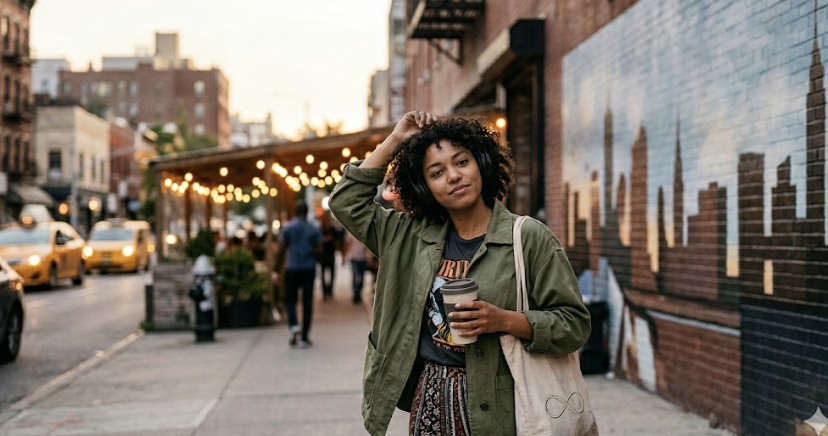 Confident woman walking in city alone with coffee — my life my rules independent lifestyle