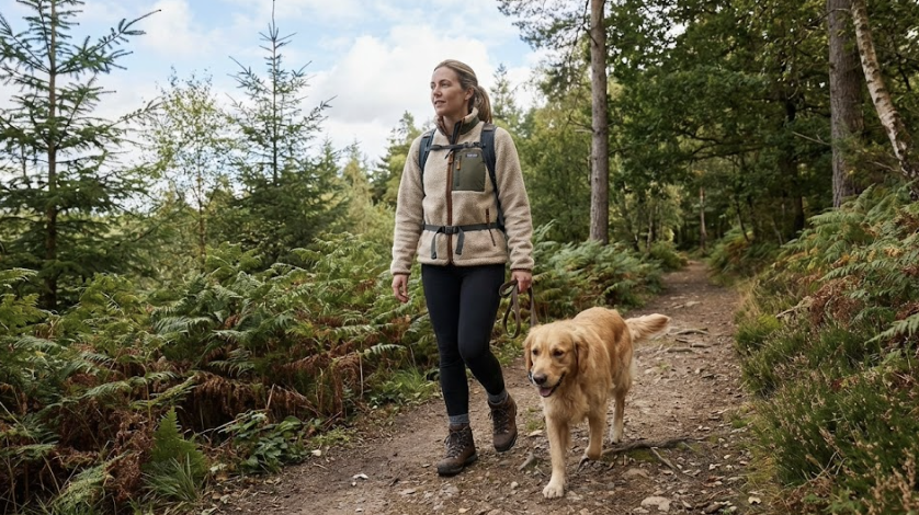 Woman hiking solo on a forest trail with her dog, representing solo adventures and independent living