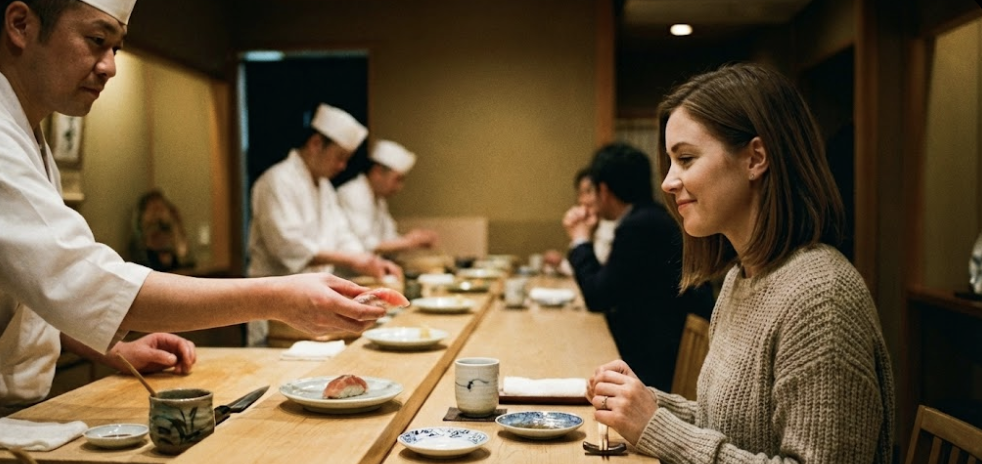 Woman enjoying a solo sushi date at a quiet restaurant bar
