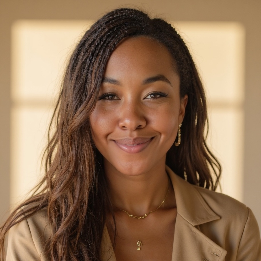 Leader in modern dating psychology posing for a headshot in natural light, smiling, wearing a neutral blazer with gold jewelry - Alissha Davis Headshot Nomad Love Lab 