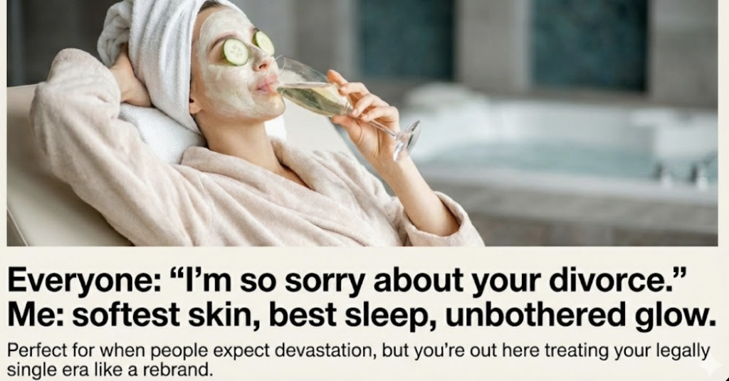 Woman relaxing in spa robe with facial mask and champagne, captioned as a humorous divorce meme about rebranding life after divorce with better sleep, skincare, and an unbothered glow.