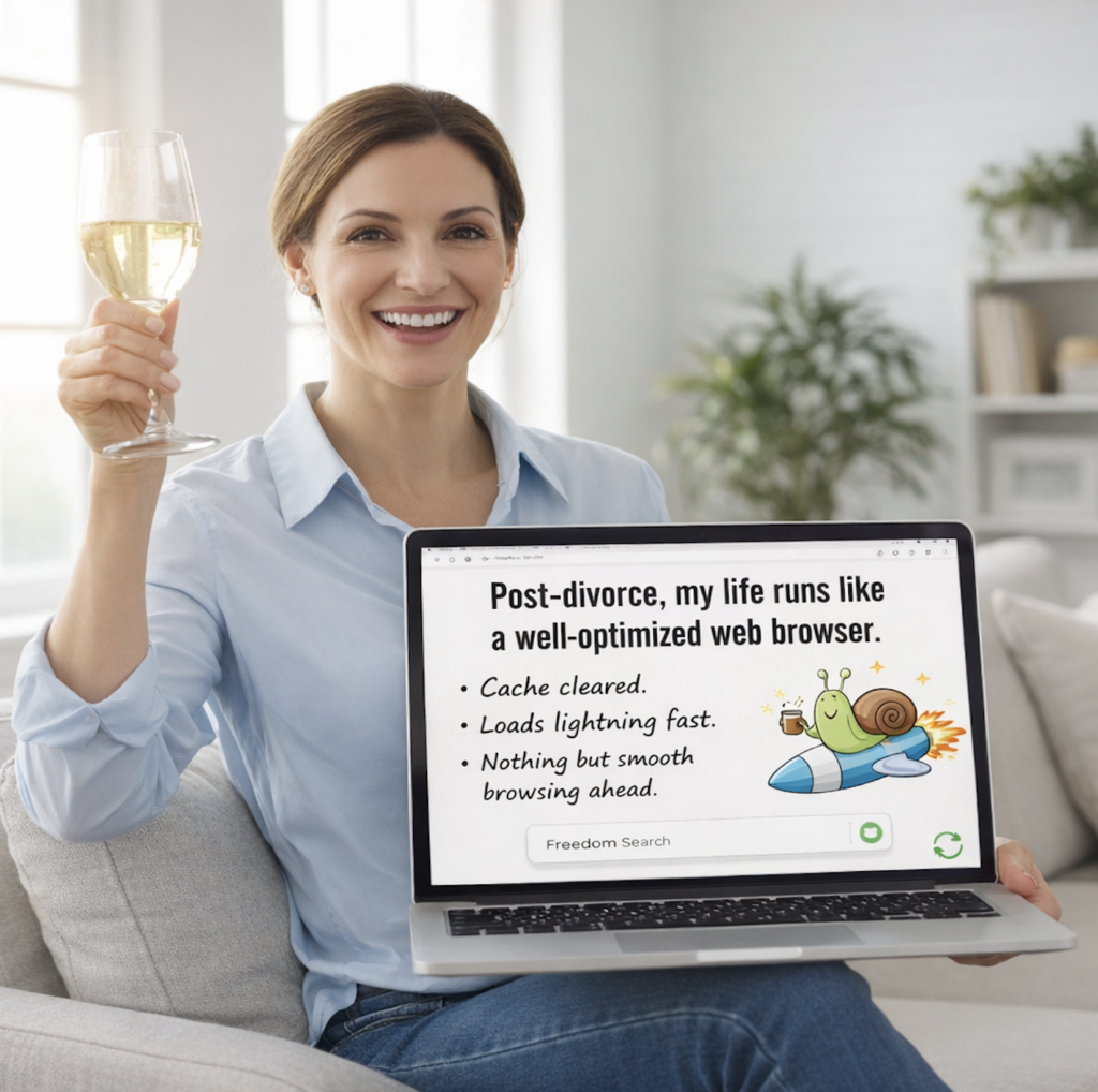 Smiling woman holding a laptop with a divorce meme comparing post-divorce life to a fast, well-optimized web browser; she raises a glass of wine in celebration.
