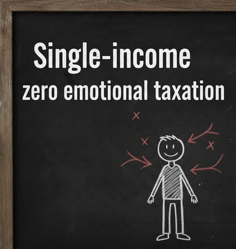 Funny chalkboard-style divorce meme that reads “Single-income, zero emotional taxation” with a smiling chalk figure surrounded by arrows.