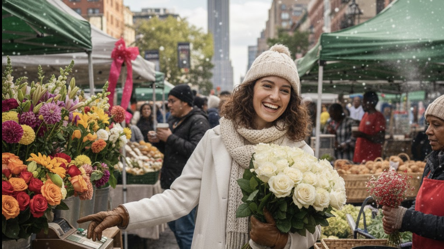 Woman smiling while buying herself flowers at an outdoor market