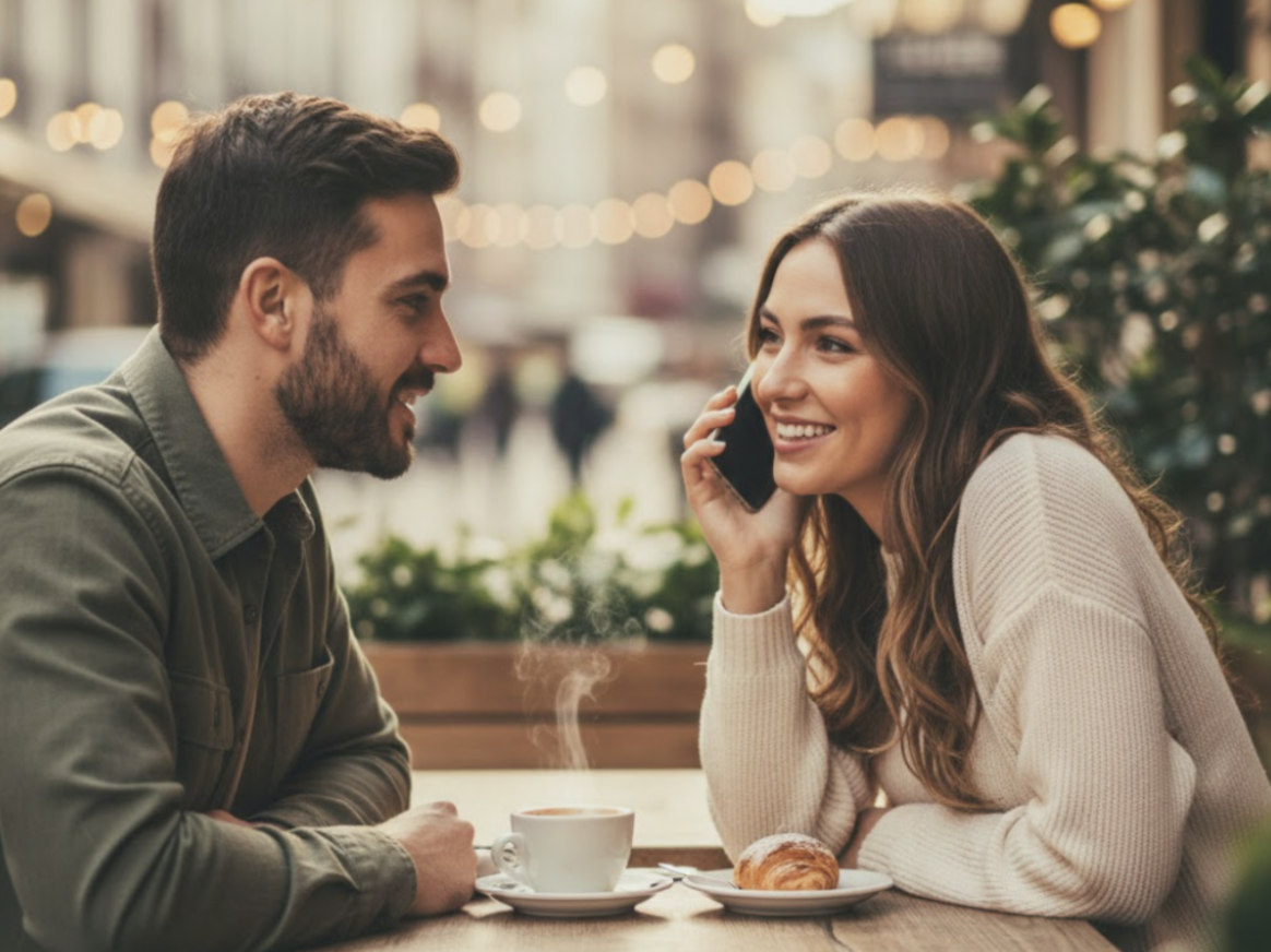 Two people talking at an outdoor café during Dating Sunday 2026, reflecting the rise of intentional dating and real conversation.