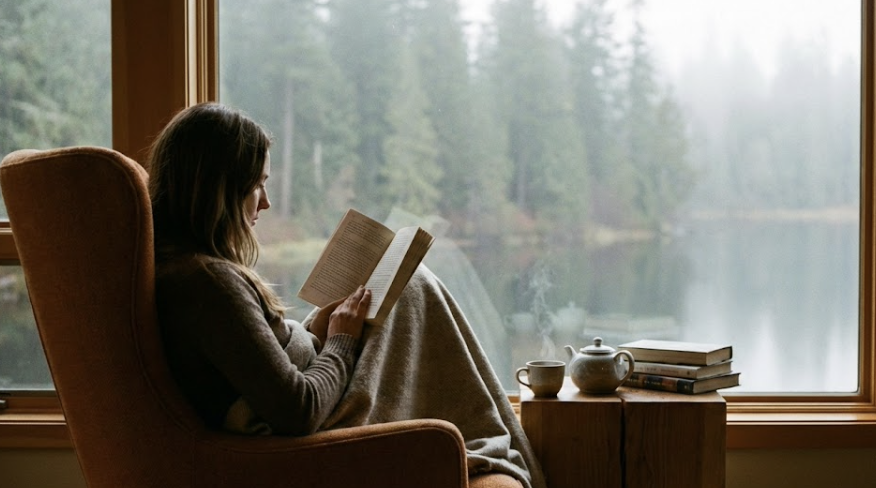 Person reading a book alone by a large window overlooking a forest lake, representing quiet travel, solo retreats, and the hushpitality trend.