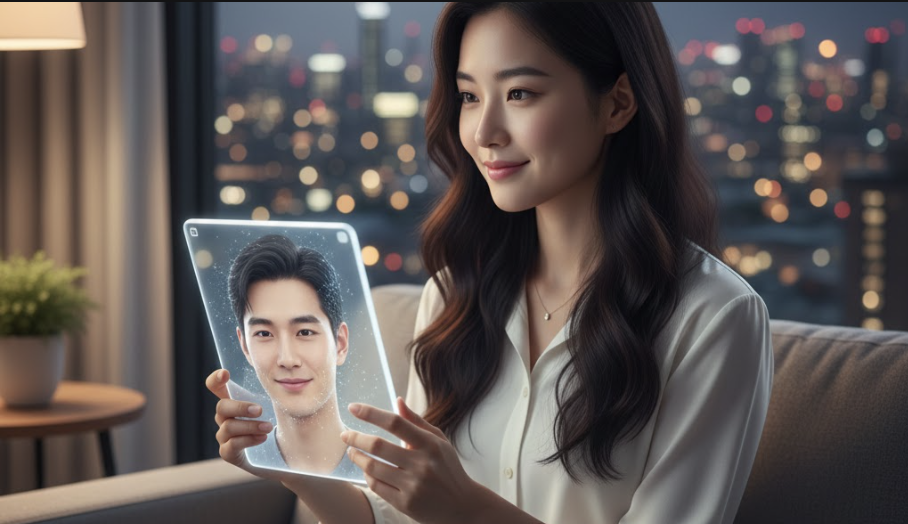 Woman interacting with an AI companion on a digital screen, illustrating modern singlehood and the relationship recession in 2026