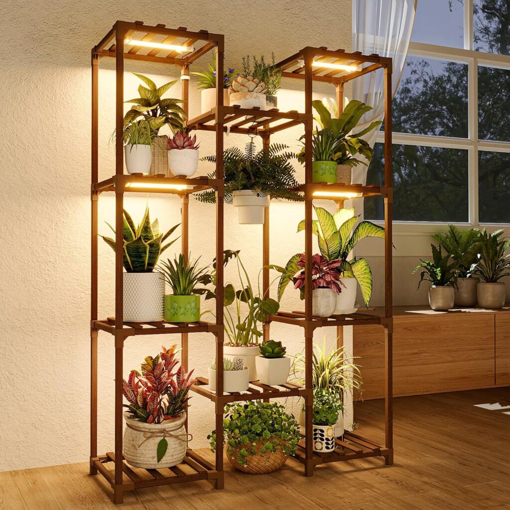 Bamworld plant stand with grow lights used as a single apartment idea for indoor plants