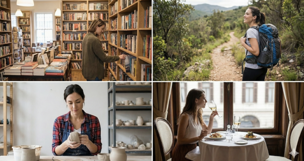Woman exploring a bookstore, solo hiking in nature, making pottery, and dining alone at a restaurant — representing modern solo date ideas.