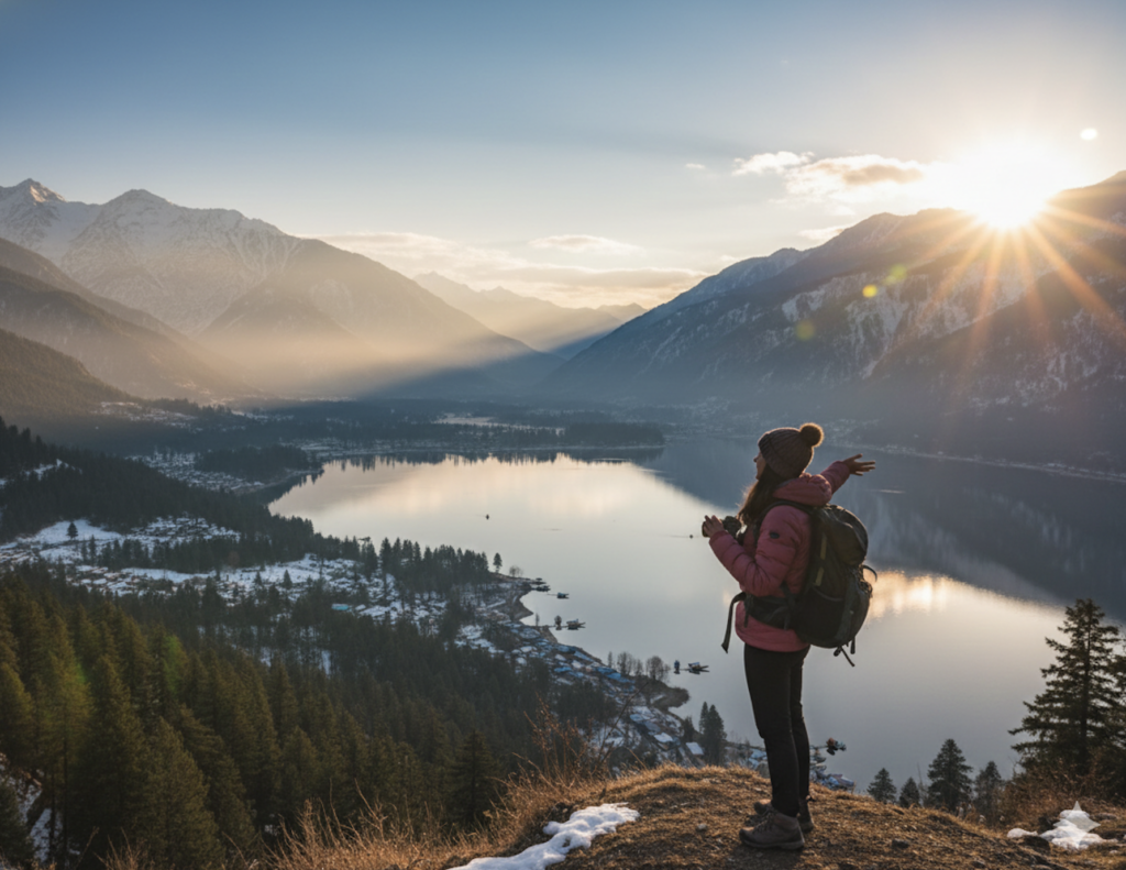 Solo traveler overlooking a winter mountain lake at sunrise, celebrating the freedom of traveling alone