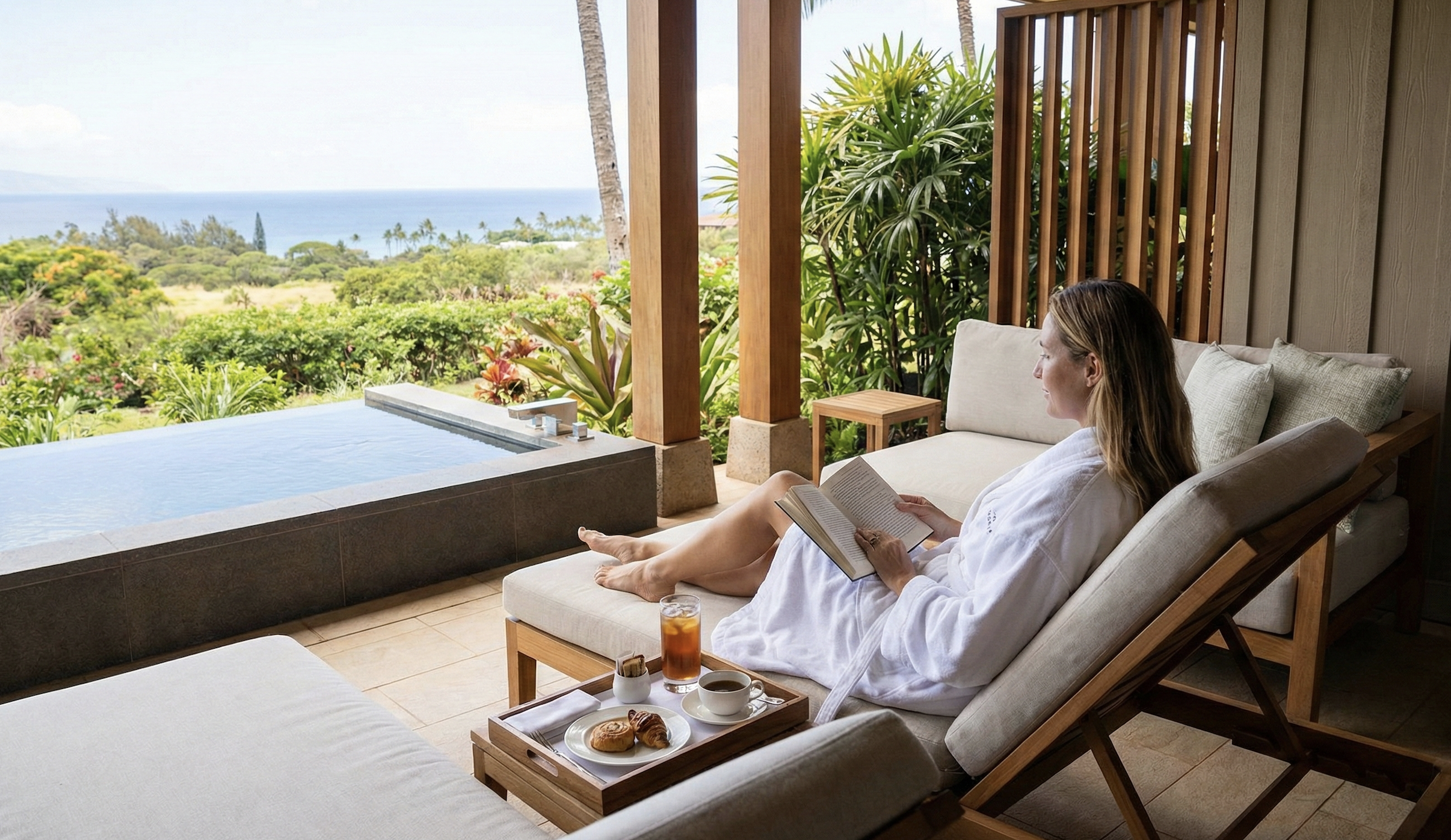 Woman on a solo wellness retreat reading on a terrace overlooking the ocean with a plunge pool and breakfast tray.