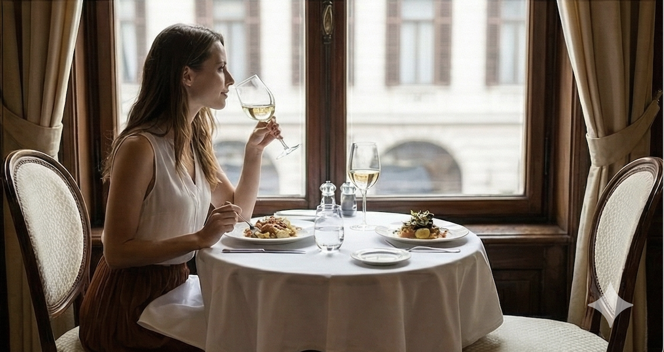 Woman enjoying a table for one at a restaurant, solo dining with wine as a symbol of self-partnered living and modern single life.