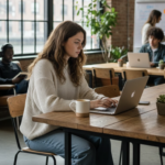 A focused Gen Z woman working on a laptop in a modern industrial coworking space, representing the Solo Foundation strategy and the single economy.