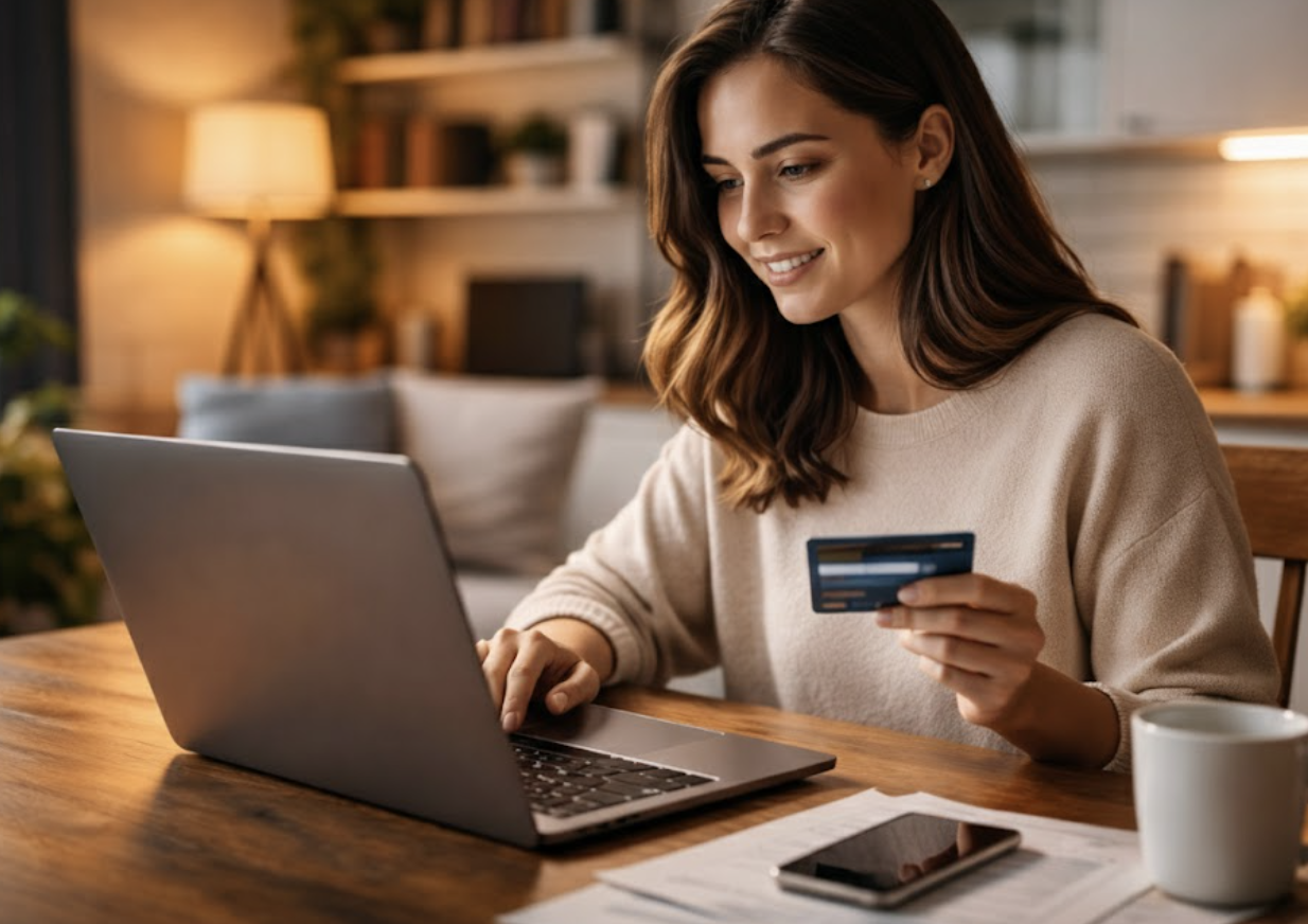 Single woman paying a credit card bill online from home laptop in single-income household