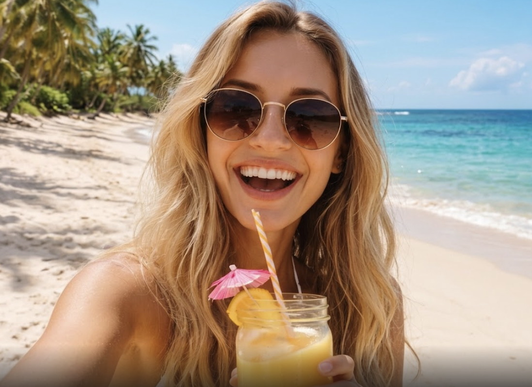 Single woman enjoying a solo spring break on a tropical beach holding a drink and embracing independent travel