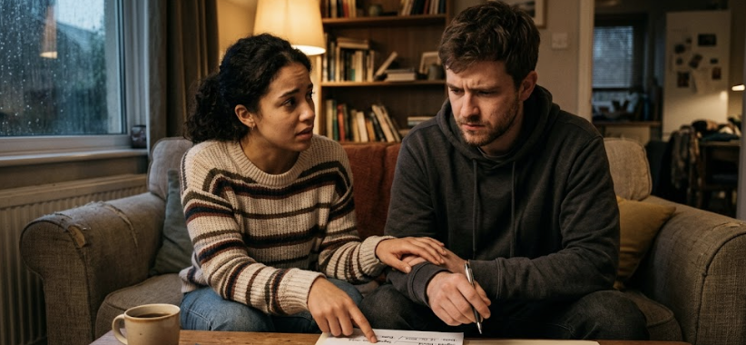 Couple discussing relationship boundaries while reviewing documents — love is conditional in modern relationships