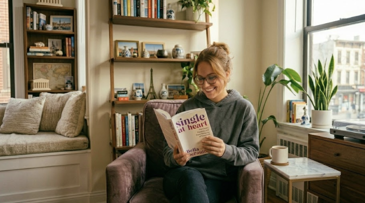 self partnered woman reading alone at home peaceful independent lifestyle