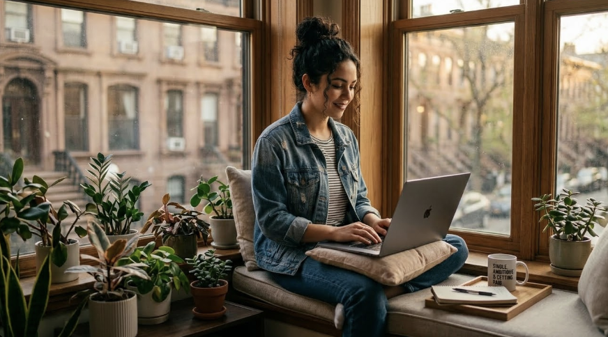 A young woman sitting on a window sill working on a laptop, representing flexible side hustles for singles and financial independence.
