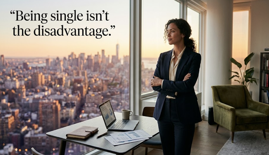 Confident single woman in New York City apartment managing finances and embracing independent living