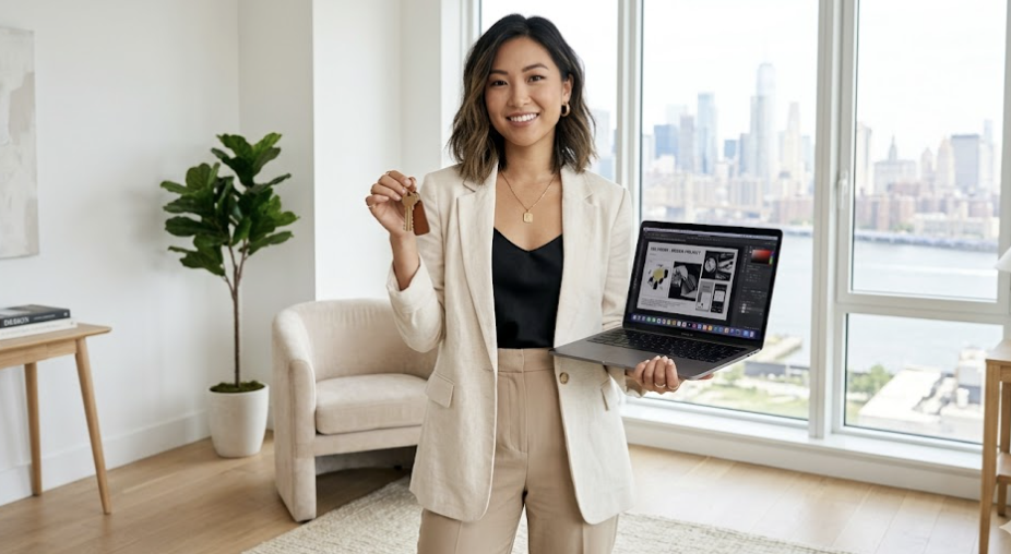 woman holding house keys and laptop representing polywork lifestyle and solo homeownership