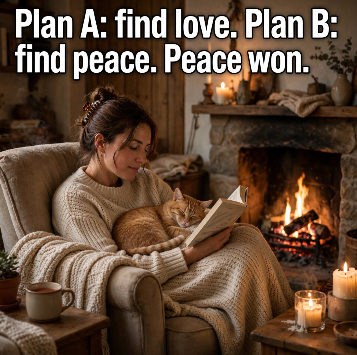 Single life meme reading “Plan A: find love. Plan B: find peace. Peace won.” over a woman reading with her cat by a fireplace.