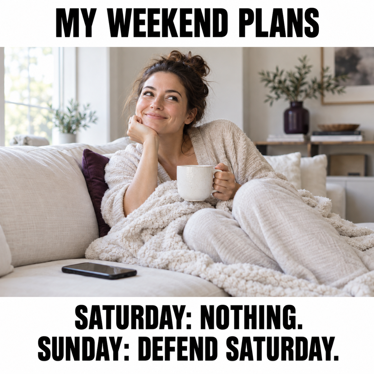 Woman relaxing on a sofa with coffee in a single life meme: Saturday, nothing. Sunday, defend Saturday.