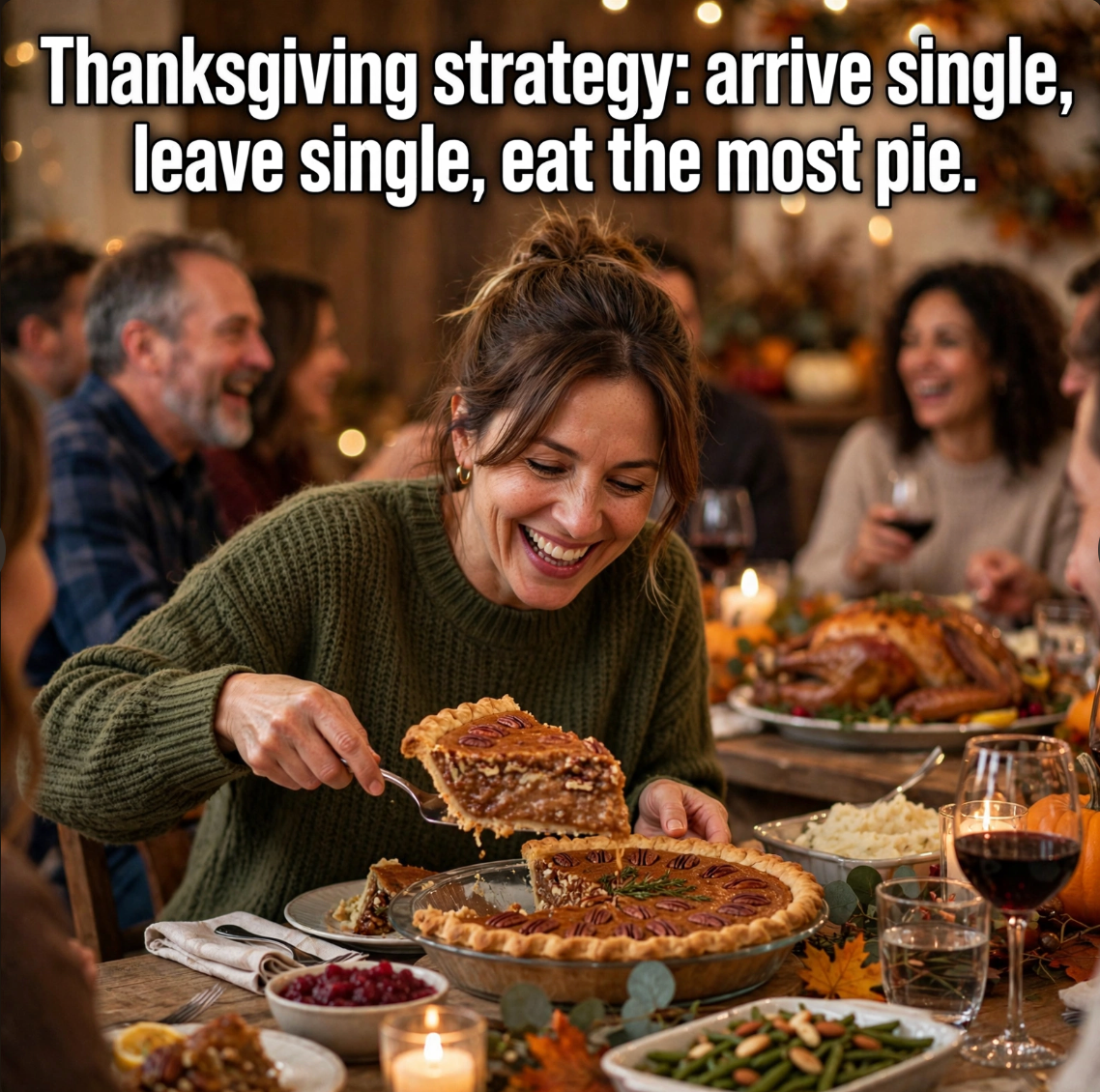Thanksgiving meme reading “arrive single, leave single, eat the most pie” over a woman serving pie at a family dinner.