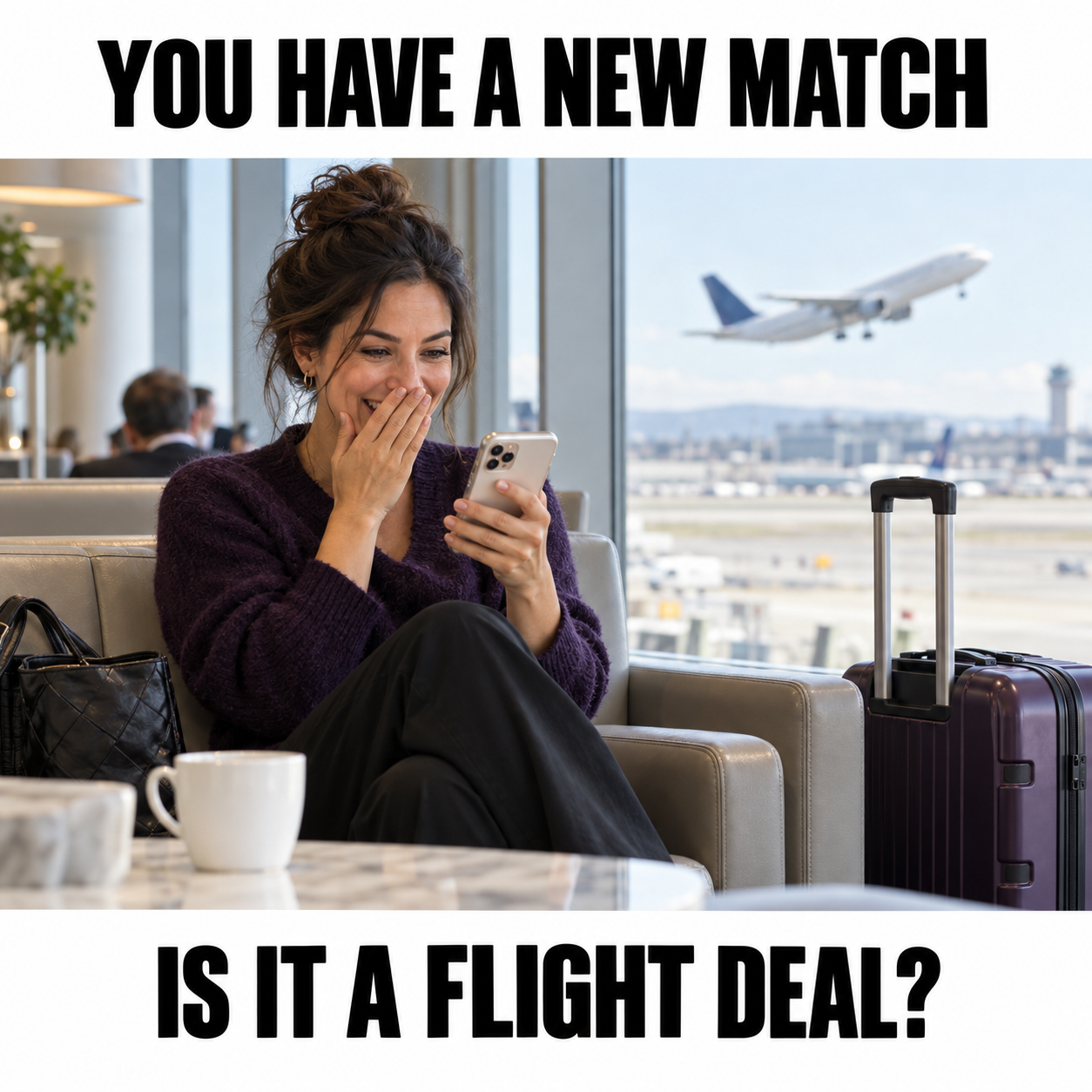 Solo traveler smiling at her phone in an airport meme: You have a new match. Is it a flight deal?